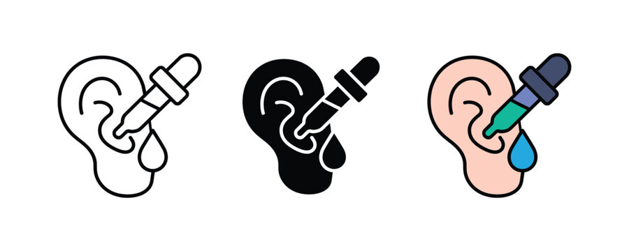 Medical ear drops with pipette icon set. Hearing care, otology treatment, and liquid medicine symbols. Vector Illustration.