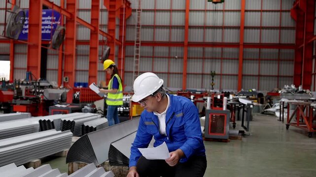 Worker inspecting metal components in industrial warehouse for quality control factory setting professional environment close-up view
