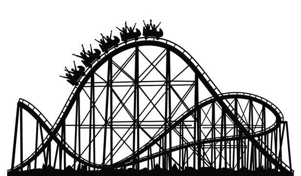 Silhouette of a classic wooden roller coaster with riders in silhouette