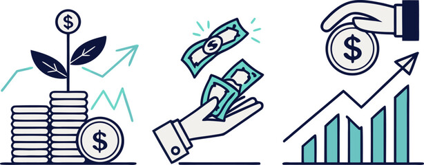 Obraz premium Financial growth and success depicted with stacked coins, rising graphs, and money exchanges illustrating investment and monetary development