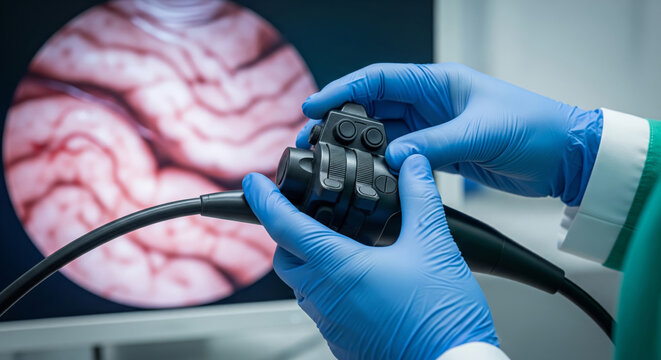 Doctor hands operating endoscope controls during medical examination procedure