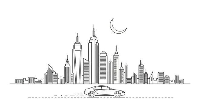 Dynamic night city skyline vector illustration with tall skyscrapers and a car driving on a road, minimalist urban landscape.
