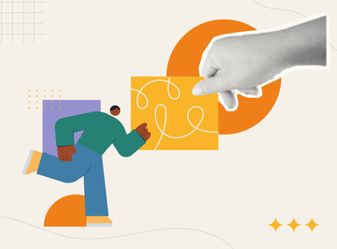 Trendy Halftone Collage style illustration of a hand directing a running person through a tangled line, representing controlled by algorithms, AI manipulation and digital influence concept.