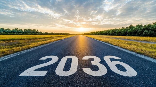 A Scenic Distant Asphalt Path Leading Towards a Bright Future on a Clear Sunny Day in 2036