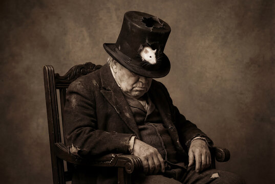 Vintage sepia portrait of a sleeping elderly tramp in ragged clothes. A curious white rat peeks out from a large hole in his battered top hat.