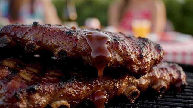 Close-up of grilled ribs on a barbecue grill with people in the background at an outdoor gathering.