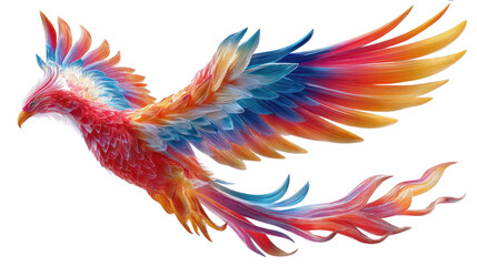 Obraz premium Phoenix Ascending: A vibrant phoenix, feathers ablaze with a spectrum of colors, soars gracefully against the clear background. A symbol of rebirth, resilience, and transformation.