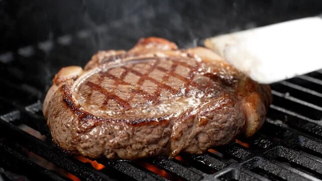 Close-up of a grilled steak on a barbecue grill with a spatula
