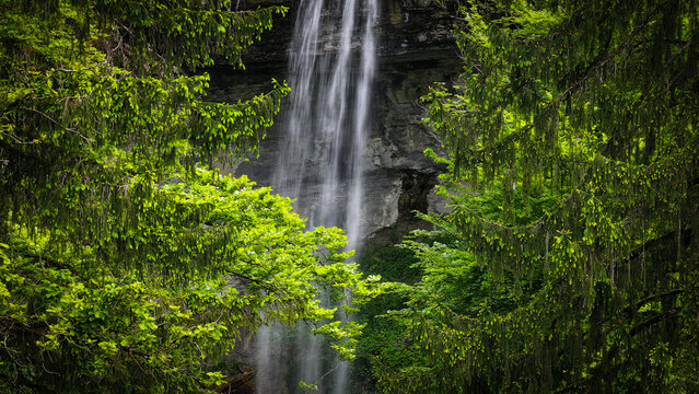 Aerial view of the Cascades de la Queue du Cheval, a tall waterfall with water plummeting down in a misty veil framed by the lush green foliage, Saint-Claude, Bourgogne-Franche-Comte, France.