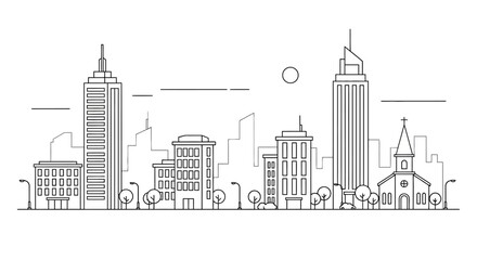 Fototapeta premium Modern city skyline line art vector illustration with various buildings, skyscrapers, and a church, minimalist design, urban landscape.