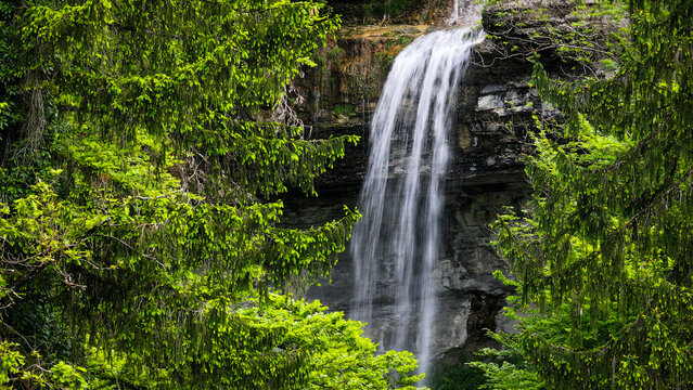 Aerial view of the Cascades de la Queue du Cheval, a tall waterfall with water plummeting down in a misty veil framed by the lush green foliage, Saint-Claude, Bourgogne-Franche-Comte, France.