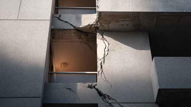 Severe structural damage to building facade caused by earthquake, showing large cracks. View of concrete building exterior with extensive cracks structural failure indicating damage from seismic event