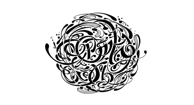 Elegant Calligraphic Swirl Design. Abstract Black and White Ornamental Vector Graphic with Intricate Curves and Typography Style.