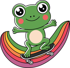 Naklejka premium Cute Frog Skateboarding Rainbow Cartoon Vector