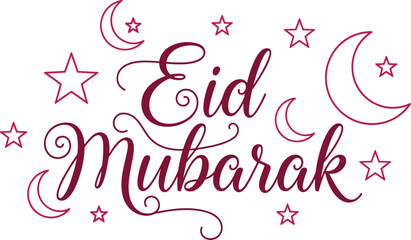 Elegant Eid Mubarak calligraphy design, with crescent moon and stars, Islamic festival greeting typography vector illustration for celebration card background © NASRIN