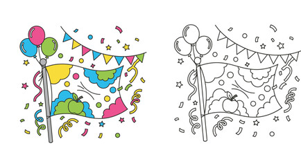 Festive Celebration Flag with Balloons Confetti and Bunting Illustration Set Including a Coloring Page Version for Kids Activities and Party Decorations Design Elements © SHOHAG