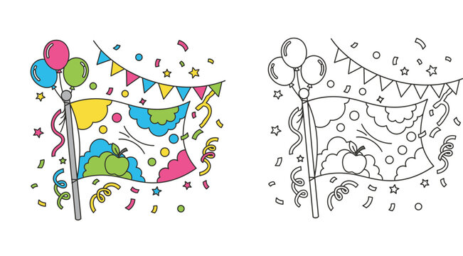 Festive Celebration Flag with Balloons Confetti and Bunting Illustration Set Including a Coloring Page Version for Kids Activities and Party Decorations Design Elements