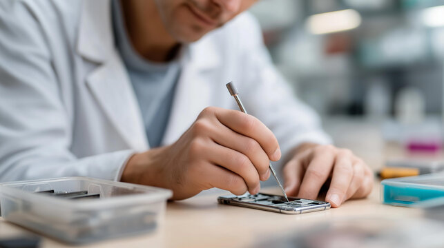 Faceless repair technician using a precision screwdriver to disassemble a smartphone on a clean workbench, component trays and tools organized around, defocused repair shop interio