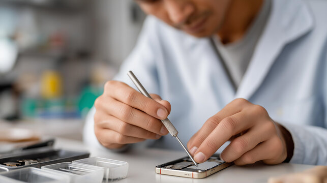 Faceless repair technician using a precision screwdriver to disassemble a smartphone on a clean workbench, component trays and tools organized around, defocused repair shop interio