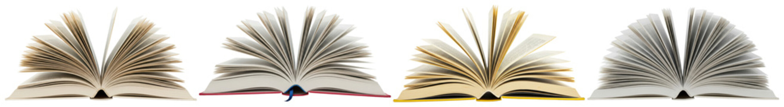 A collection of four diverse open books, pages fanned, ready for reading or study, isolated on a transparent background.