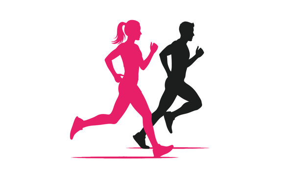 Silhouette of a man and woman running together in a pink and black fitness illustration silhouette