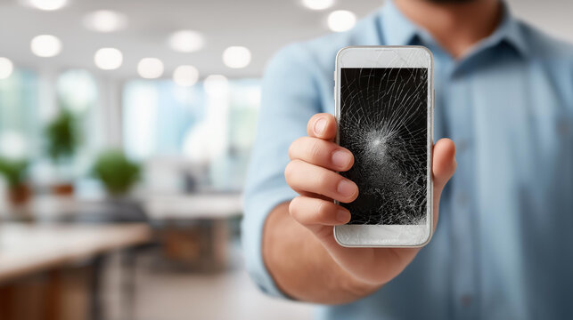 Faceless man holding a badly smashed smartphone with a ruined screen in front of a blurred modern workspace, defocused office or workshop behind, smashed phone, broken device, scre