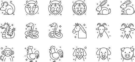 Hand drawn zodiac animals icons set in doodle style, Chinese horoscope symbols collection with cute line art vector illustration © MdNazmul