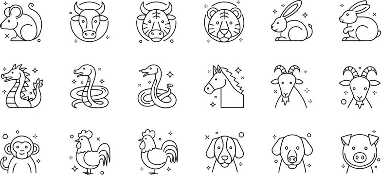 Hand drawn zodiac animals icons set in doodle style, Chinese horoscope symbols collection with cute line art vector illustration