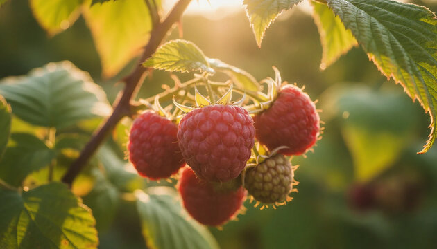 Close up of juicy raspberries on a branch during summer harvest