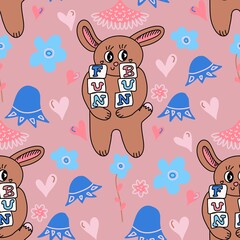 Children nursery seamless playful pattern with bunny, flowers and hearts in mauve pink and blue © Karolina