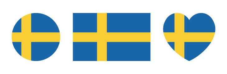 Obraz premium National flag of Sweden sticker, badge, button. Set of circle, rectangle, heart flag icons, banners. Swedish heart shaped, rounded, rectangular flags in flat style.