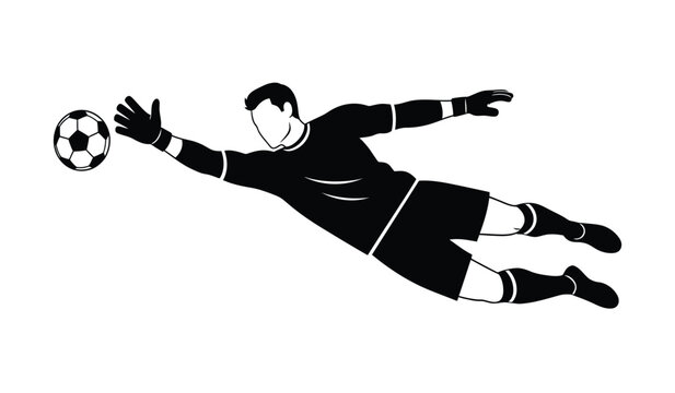 Soccer goalkeeper in diving silhouette saving ball