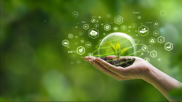 ESG and net zero emission concept, hand holding digital globe with seedling and glowing sustainable environment icons for eco-friendly green business and ecology.