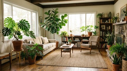 Fototapeta premium Cozy Living Room Interior with Plants Modern Home Design 