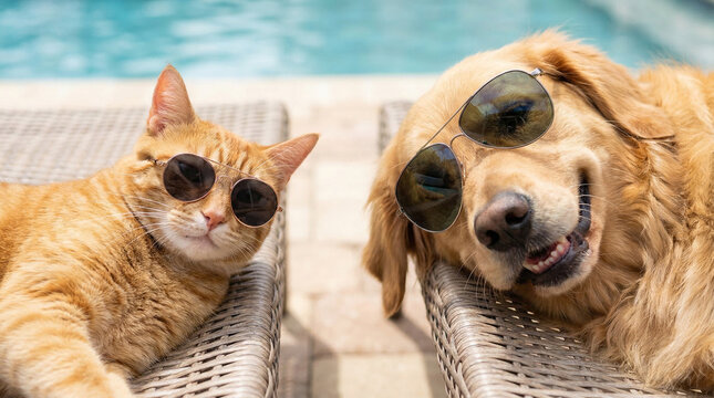 Cat and Dog Wearing Sunglasses Poolside Summer Vacation
