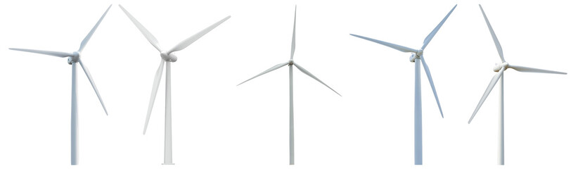 Collection of modern wind turbines in various perspectives, symbolizing renewable clean energy and sustainable future. © FoodPNG