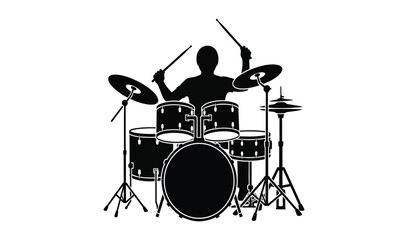 Drummer silhouette playing a drum set with cymbals and drumsticks in a dynamic pose