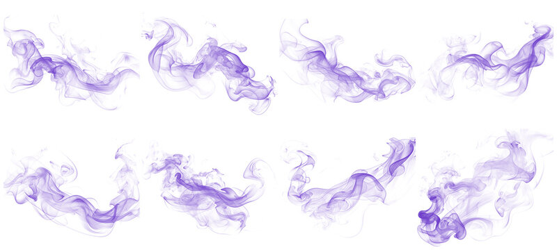 Elegant purple smoke wisps photograph, isolated on a transparent background, ideal for artistic overlay designs.