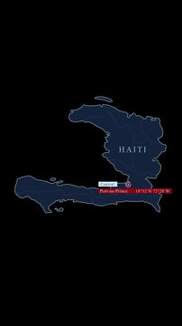 Vertical motion graphic of Haiti map showing departments, capital Port-au-Prince, and gps coordinates on a black background