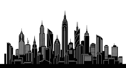 Fototapeta premium Modern Urban City Skyline Silhouette Vector Art - Black and White Metropolis Landscape with Tall Skyscrapers Graphic Design
