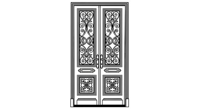 Detailed ornate double door illustration in line art style, featuring classic architectural entrance design with intricate scrollwork and vintage appeal.