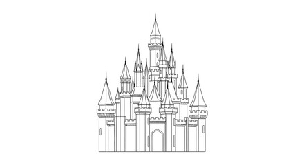 Obraz premium Detailed line art illustration of a fairytale castle with multiple towers and spires, fantasy palace drawing for magic and royal themes