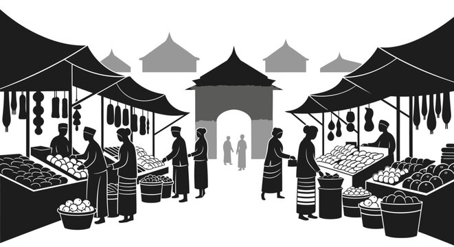 Monochrome illustration of a bustling traditional outdoor market with vendors, shoppers, and local produce under stalls.