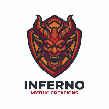 A striking logo design featuring a fierce demon head set against a distinctive shield, embodying the essence of power, strength, and mythical allure for branding.