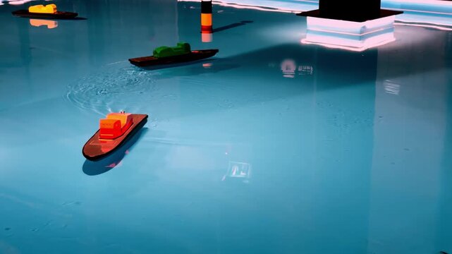Miniature remote control cargo ships and colorful plastic boats navigating a deep blue indoor pool during a festive summer exhibition with high angle view toy vessels on calm turquoise water surface
