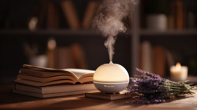 Relaxing spa scene with essential oil diffuser, books, and lavender. Aromatherapy diffuser with lavender and books creates a calming atmosphere for relaxation and wellness