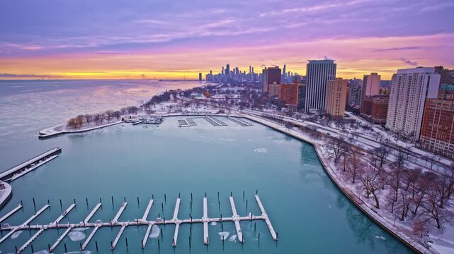 Drone perspective over Chicago&rsquo;s Loop at first light on a winter morning.