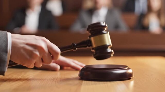 Hand Striking Gavel in Courtroom Justice Legal Decision Concept