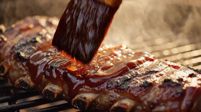 Close-up of ribs being brushed with barbecue sauce on a grill with smoke rising