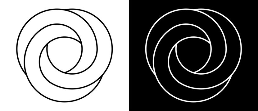 Abstract black and white interlocking triple loops. Intertwined circle knot vector illustration. Minimalist geometric symbol isolated on white and black backgrounds for logo or branding.